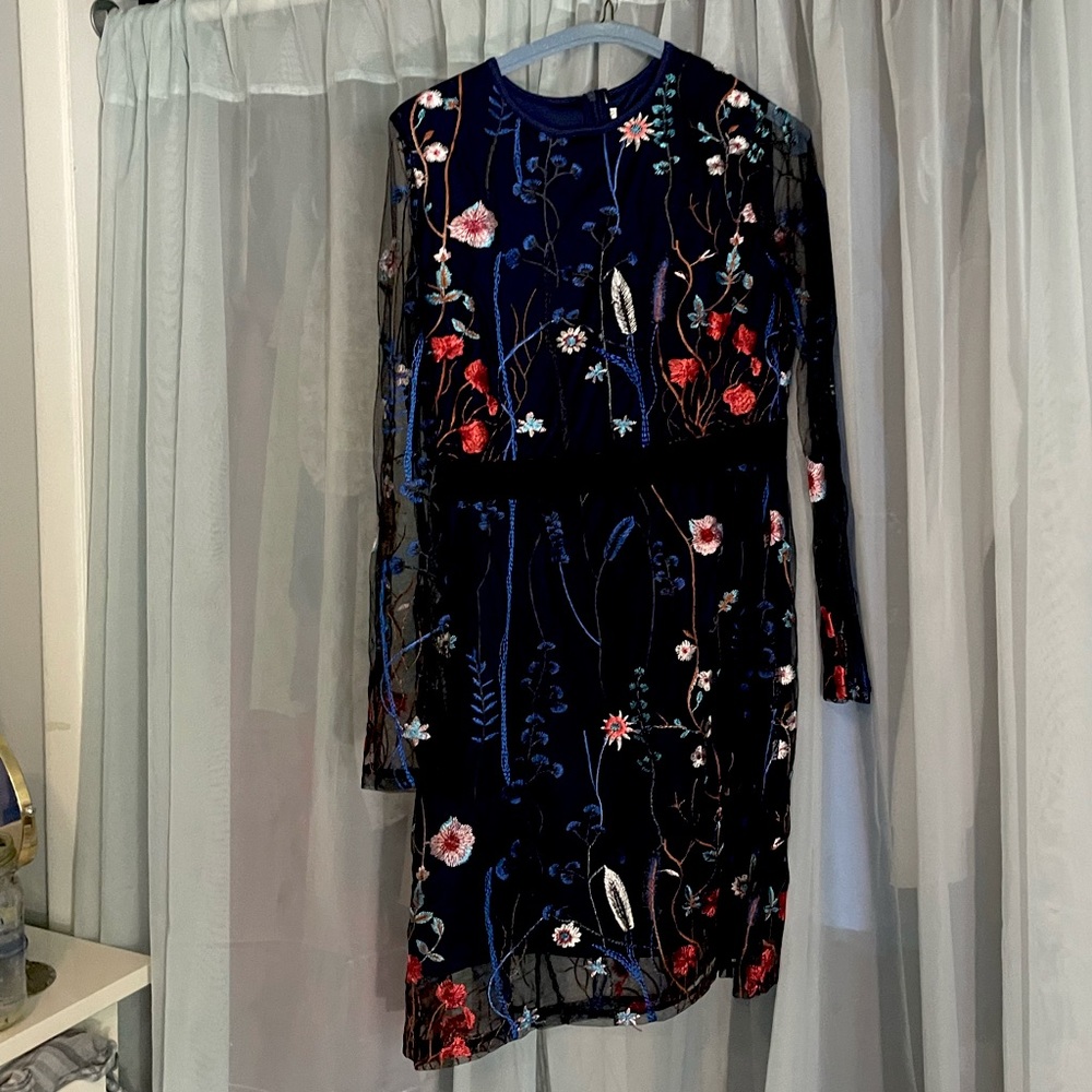 Navy Blue Floral Embroidered Homecoming Dress